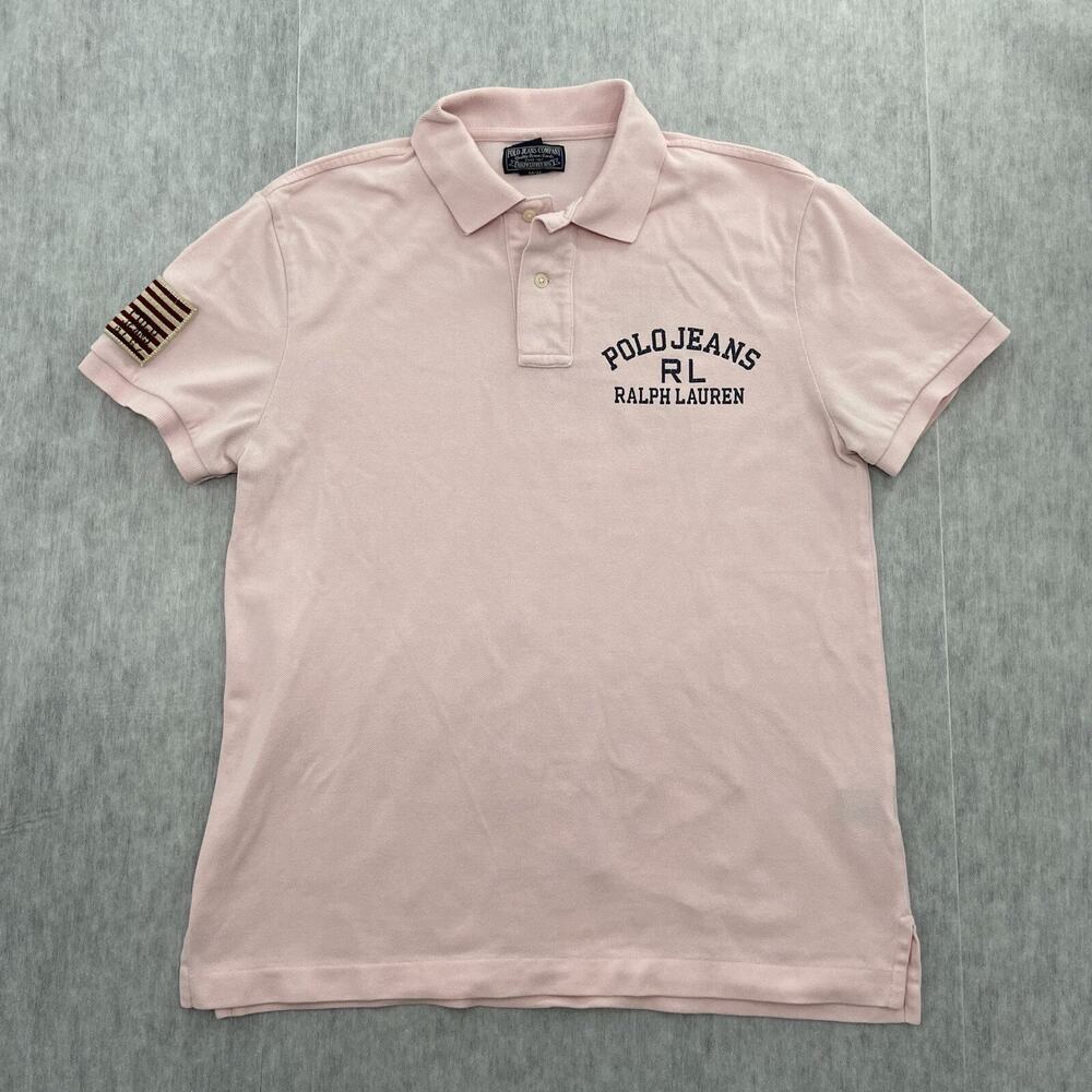 VINTAGE Polo Jeans Ralph Lauren Shirt Adult Medium Pink Polo USA Flag Logo Men M